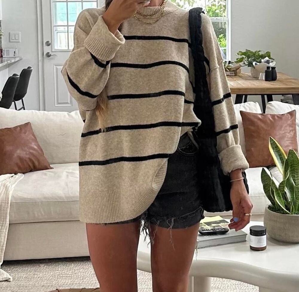 Aerie Beige Black Striped Soft Knit Crewneck Sweater XS Oversized